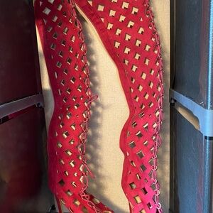 Thigh high pink cut out heel boots